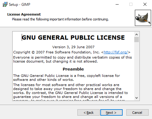 GIMP：ライセンス同意