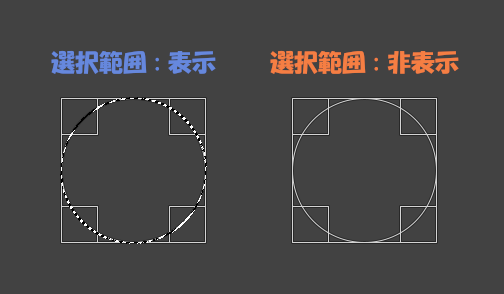表示 > 選択範囲境界線の表示で選択範囲戦の表示・非表示を切り替え可能